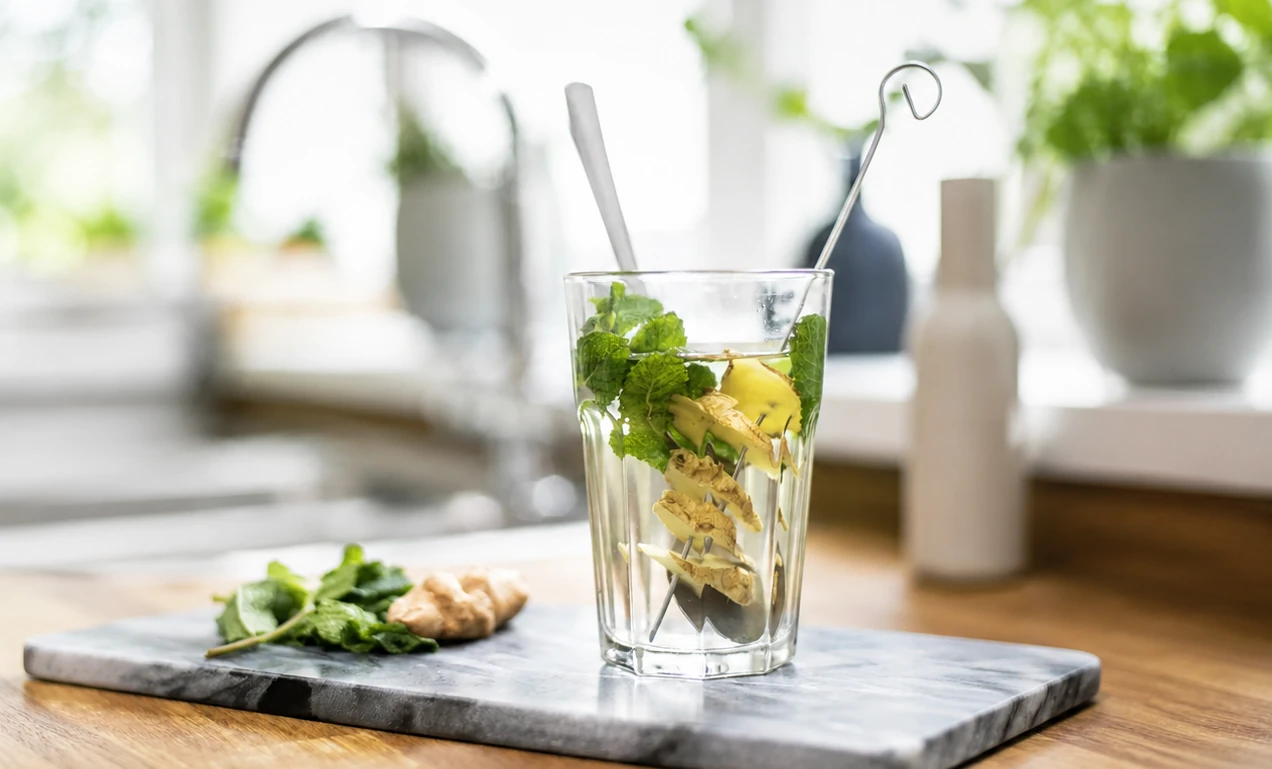 Glas Wasser mit frischer Minze und Ingwerscheiben auf einer Küchenarbeitsplatte