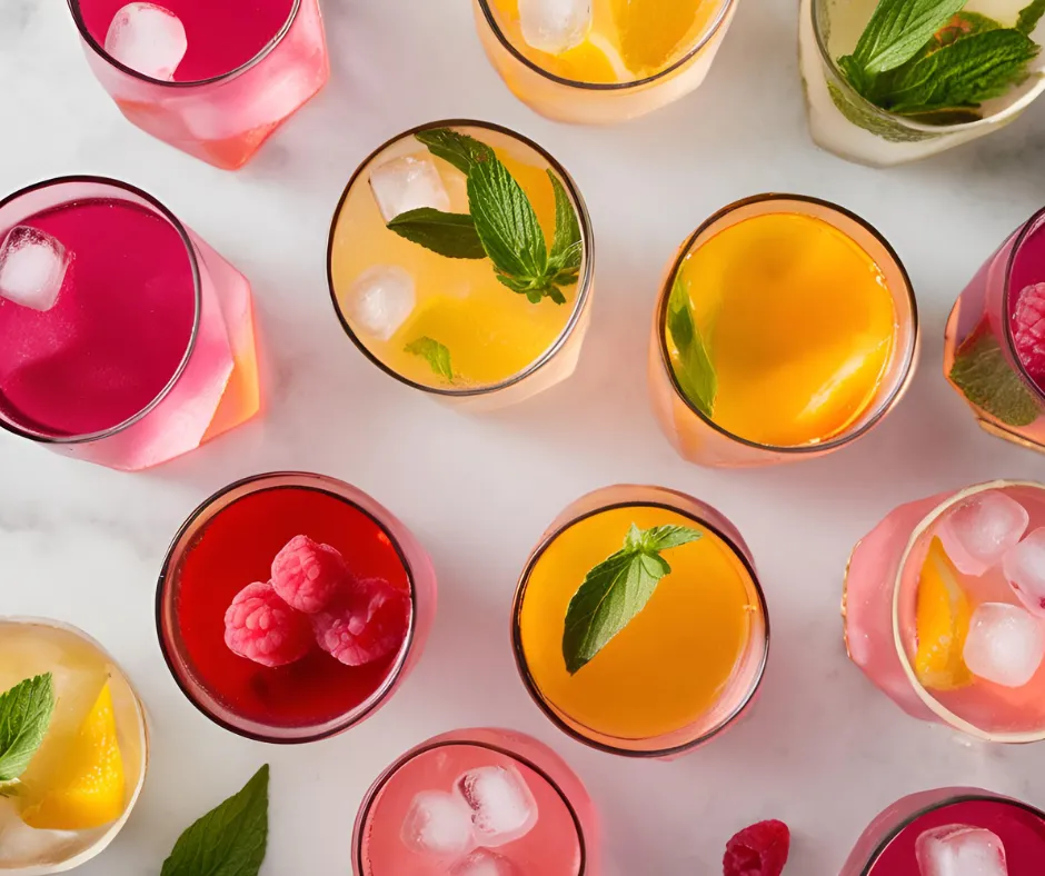 Alkoholfreie Cocktails für den Sommer Bunte Getränke in Gläsern, garniert mit Minze und Früchten, auf einer marmorierten Oberfläche.