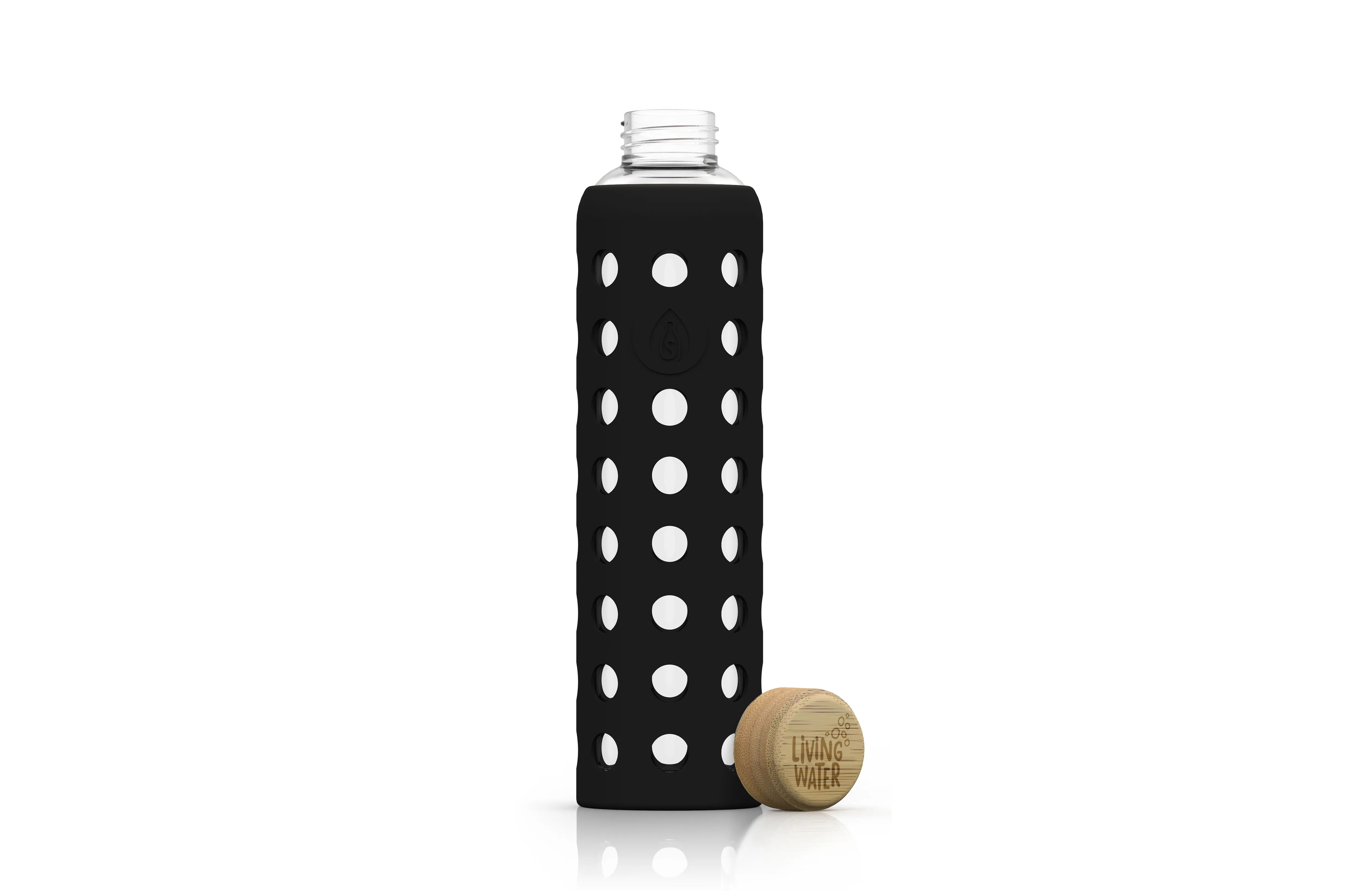 Schwarze Wasserflasche mit weißen Punkten und einem Holzverschluss.