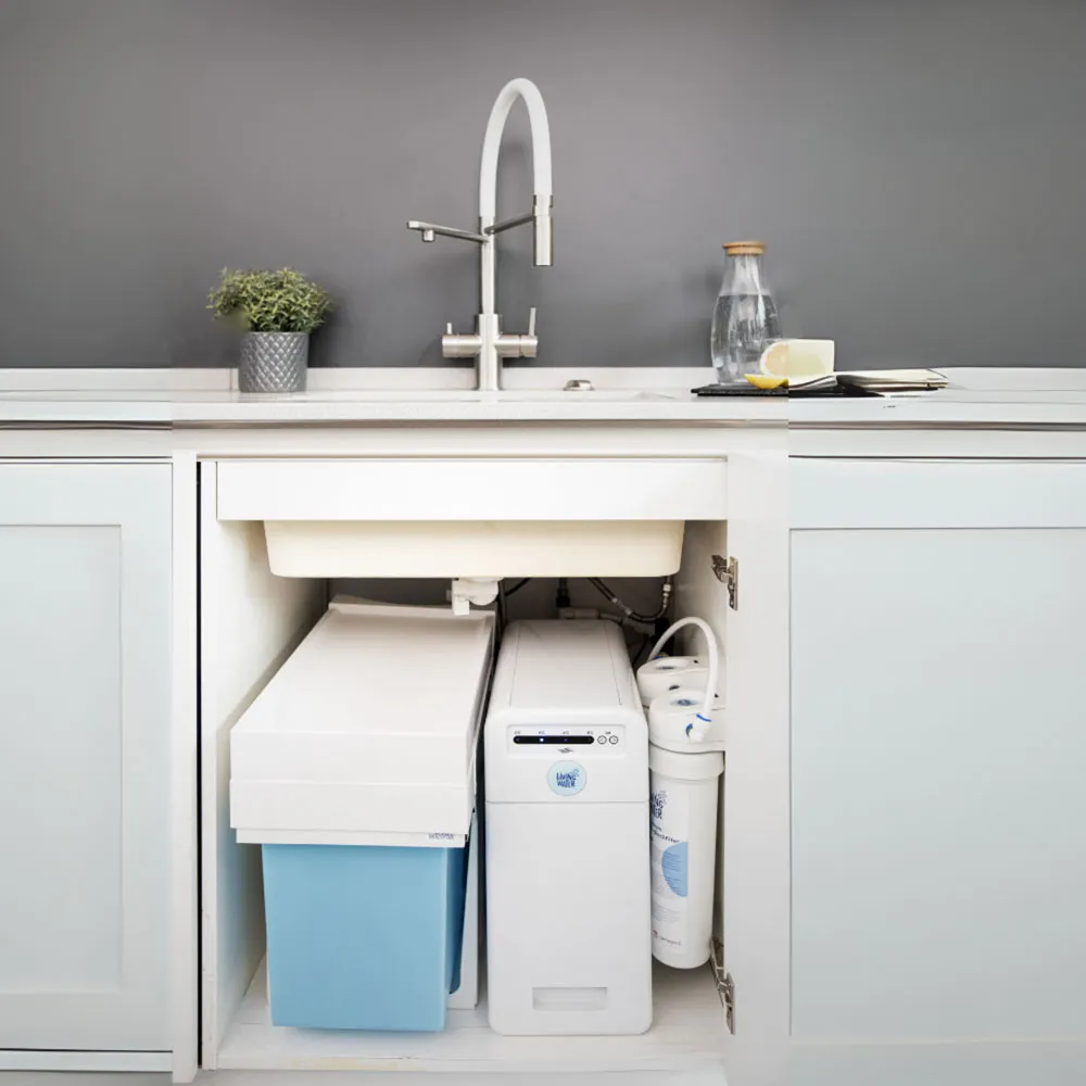 Unter der Spüle befinden sich ein blauer Mülleimer und ein Wasserfilter. Oben sieht man einen Wasserhahn, eine Pflanzenkübel und eine Flasche Wasser.