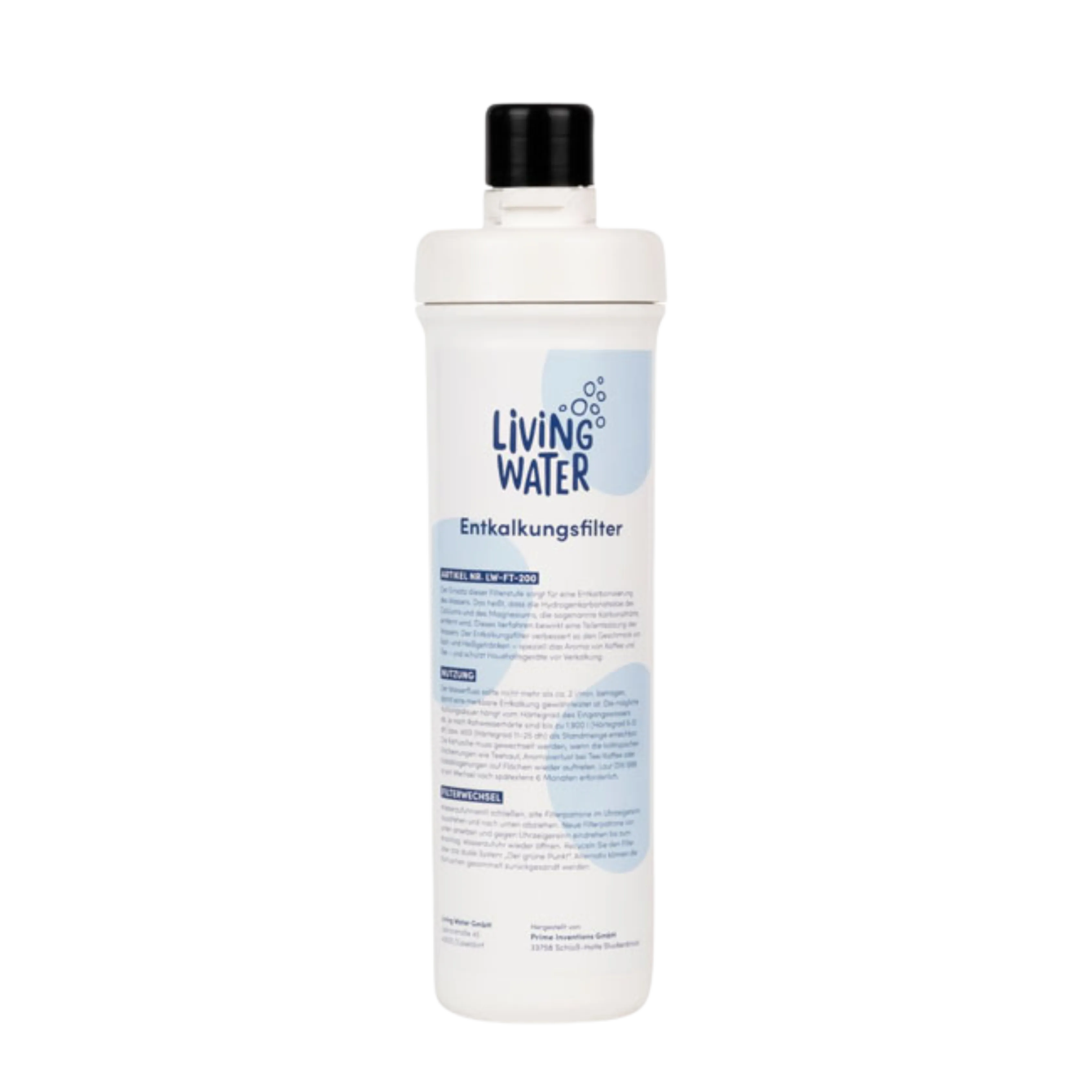 Flasche mit einem Entkalkungsfilter von Living Water.